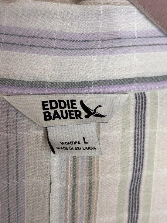 Eddie Bauer White Blue Gray Striped Short Sleeve Camp Top Women's Size L - Picture 8 of 10